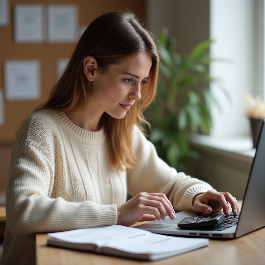 Person building a rental yield spreadsheet on a laptop with a calculator and notebook on the desk