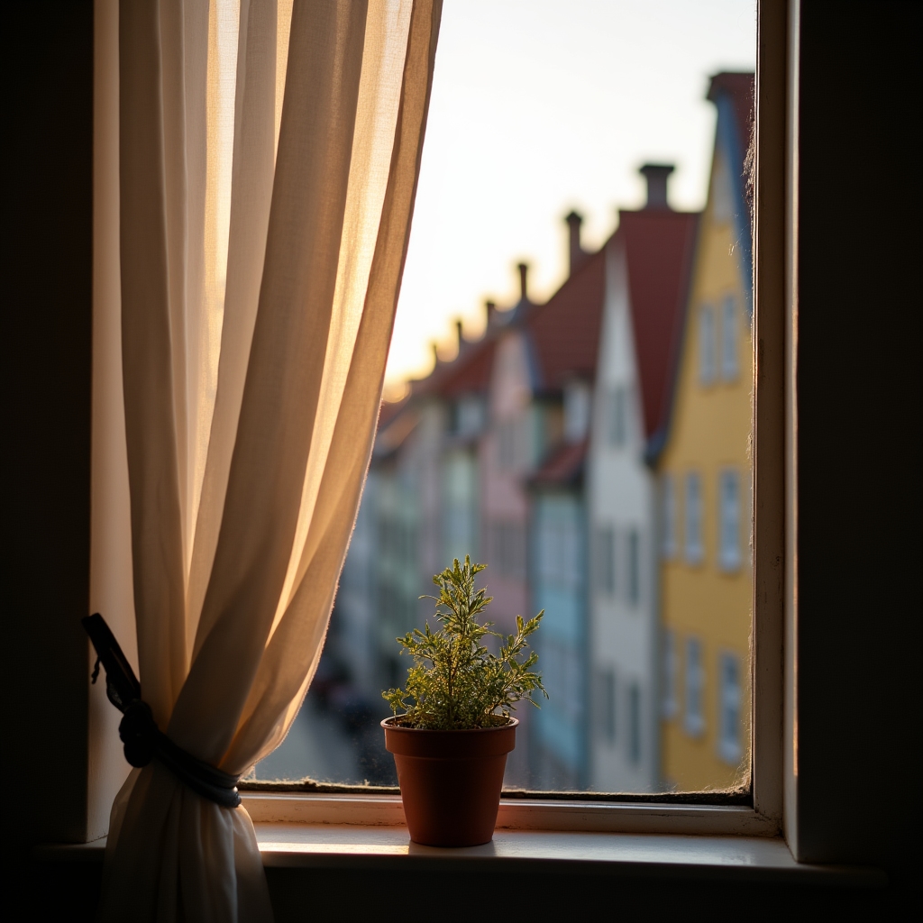 Old town Gdańsk apartment window with a view of colourful historic building facades