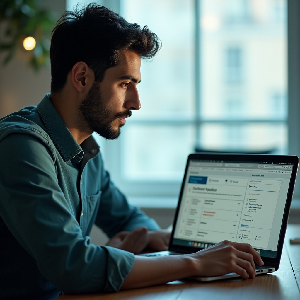 Person reviewing a course content dashboard on a laptop screen in a bright studio