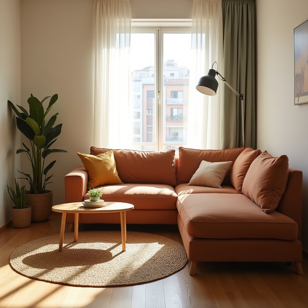 Modestly furnished but well-styled rental apartment living room with warm lighting and simple decor